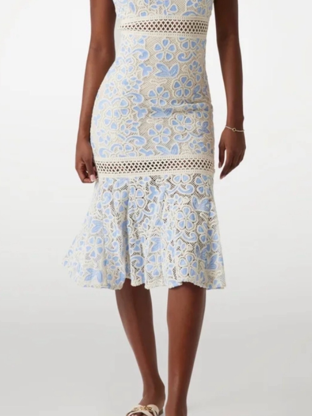 Guess Clarise Lace Midi Dress- Blue and White Floral Lace Midi